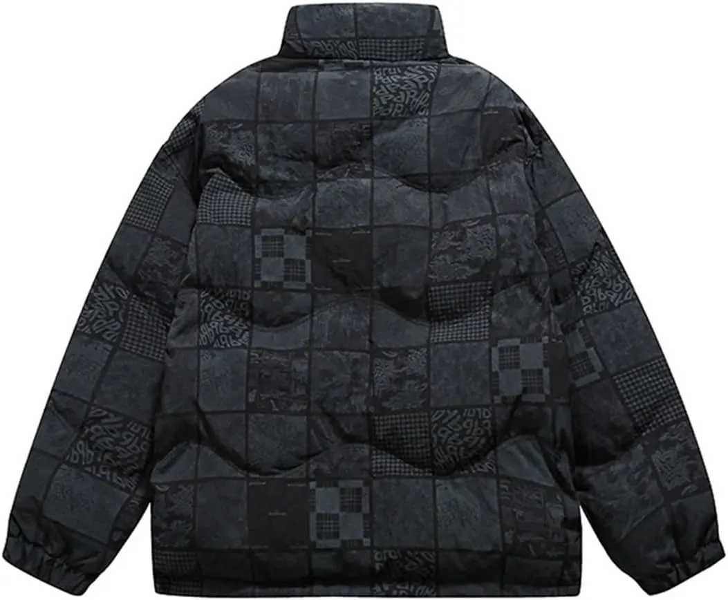 Men's Letters Printed Cotton Padded Couples Thermal Coat Unisex Printed Plaid Stand Collar Parka