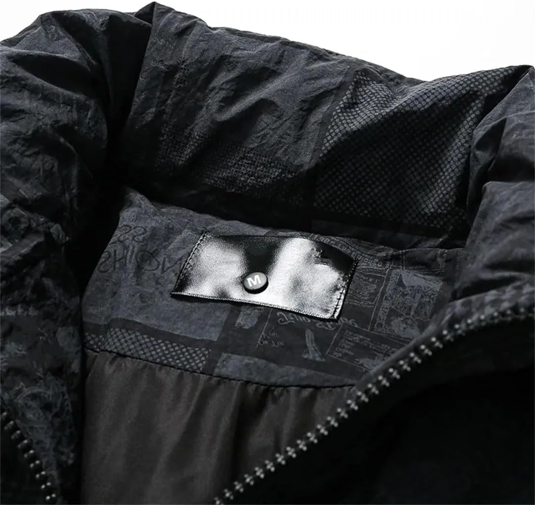 Men's Letters Printed Cotton Padded Couples Thermal Coat Unisex Printed Plaid Stand Collar Parka