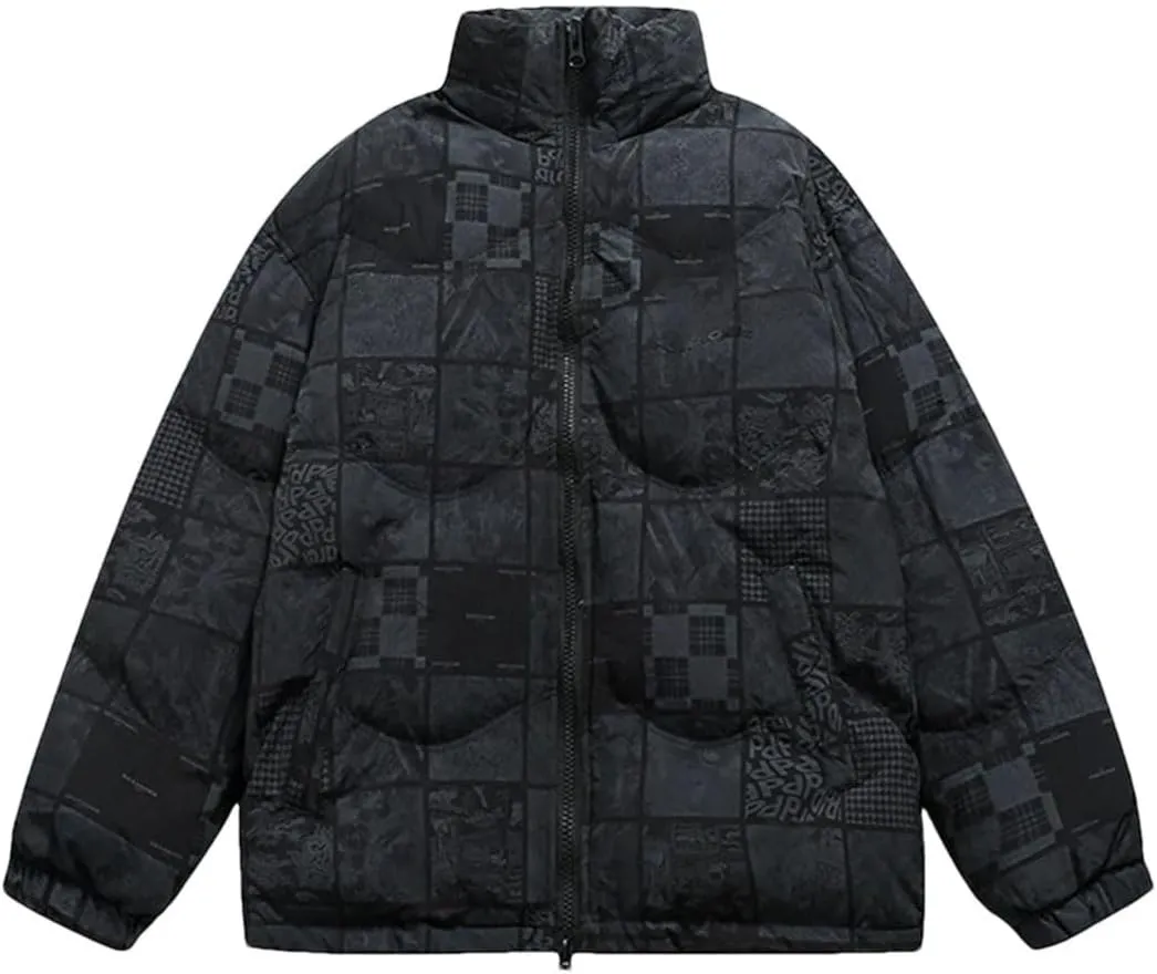 Men's Letters Printed Cotton Padded Couples Thermal Coat Unisex Printed Plaid Stand Collar Parka