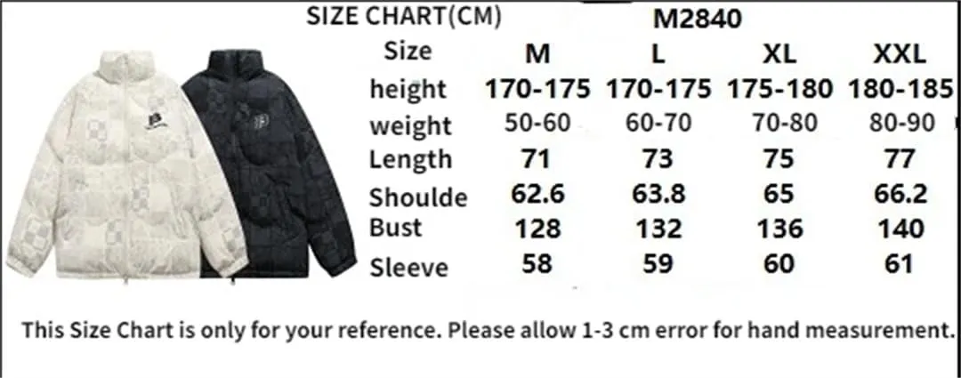 Men's Letters Printed Cotton Padded Couples Thermal Coat Unisex Printed Plaid Stand Collar Parka