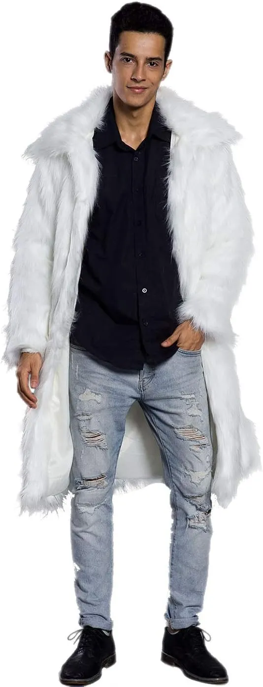 Men's Long Sleeve Fluffy Faux Fur Coat,Mens Winter Warm Faux Fur Overcoat,Long Thicken Soft Jacket Outerwear