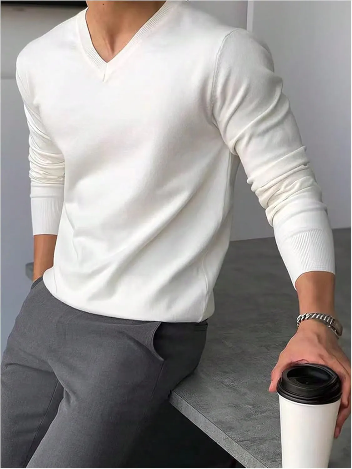 Men's V Neck Long Sleeve Sweaters Slim Fit Knit Basic Pullovers Casual Fall Tops