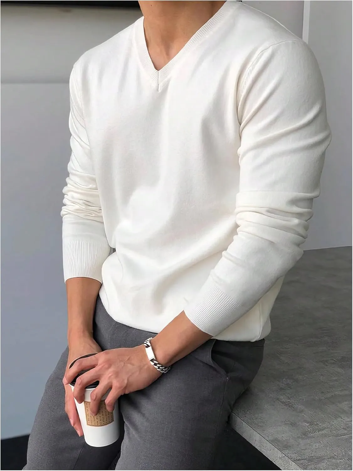 Men's V Neck Long Sleeve Sweaters Slim Fit Knit Basic Pullovers Casual Fall Tops
