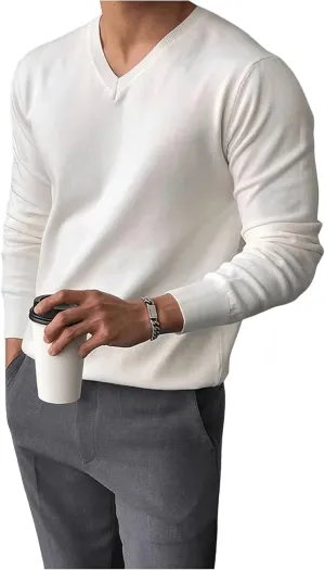 Men's V Neck Long Sleeve Sweaters Slim Fit Knit Basic Pullovers Casual Fall Tops