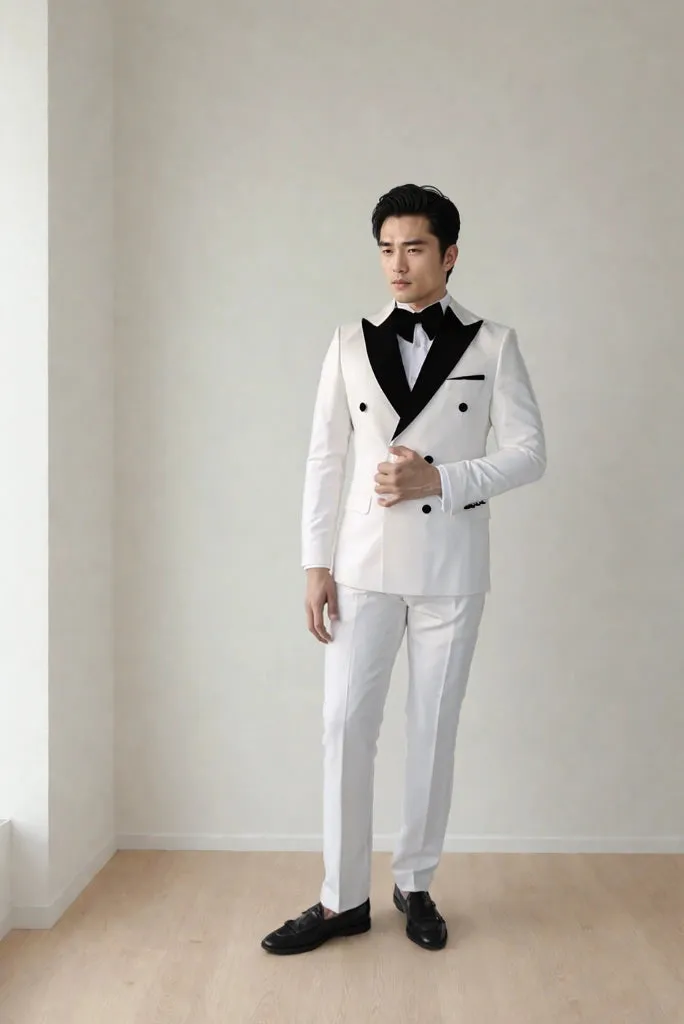Men's White Double Breasted Tuxedo Designer Slim Fit Two Piece Suits For Engagement Prom Suit Groom Wedding Party Wear Suits & Every Occasion Wear