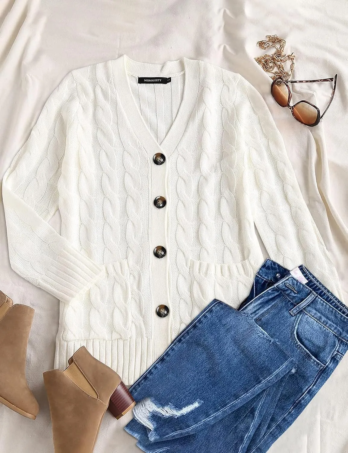 MEROKEETY Women's 2025 Fall Long Sleeve Cable Knit Sweater Open Front Cardigan Button Loose Outerwear