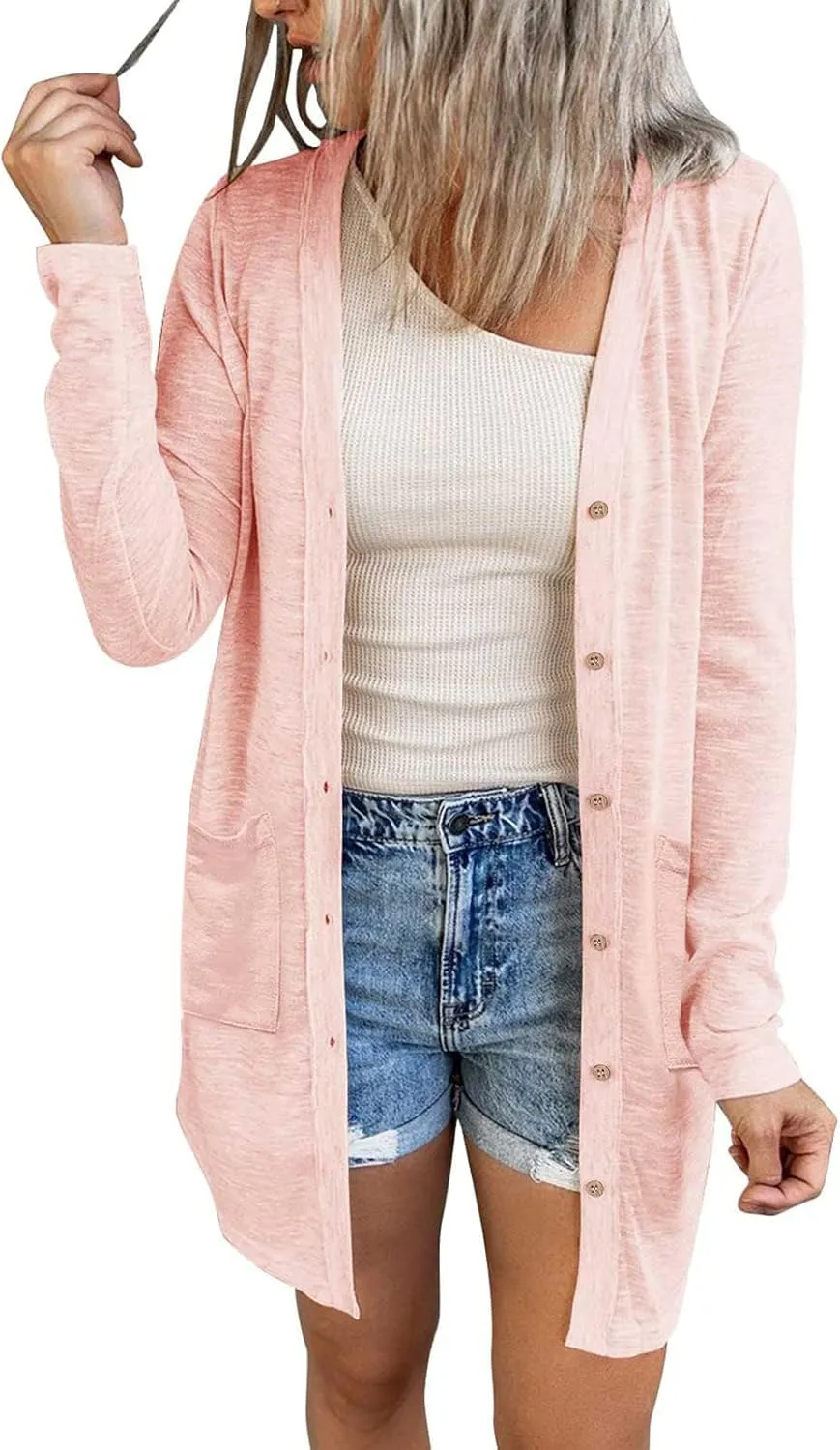 MEROKEETY Women's Open Front Lightweight Cardigan Long Sleeve Button Down Loose Outwear with Pockets