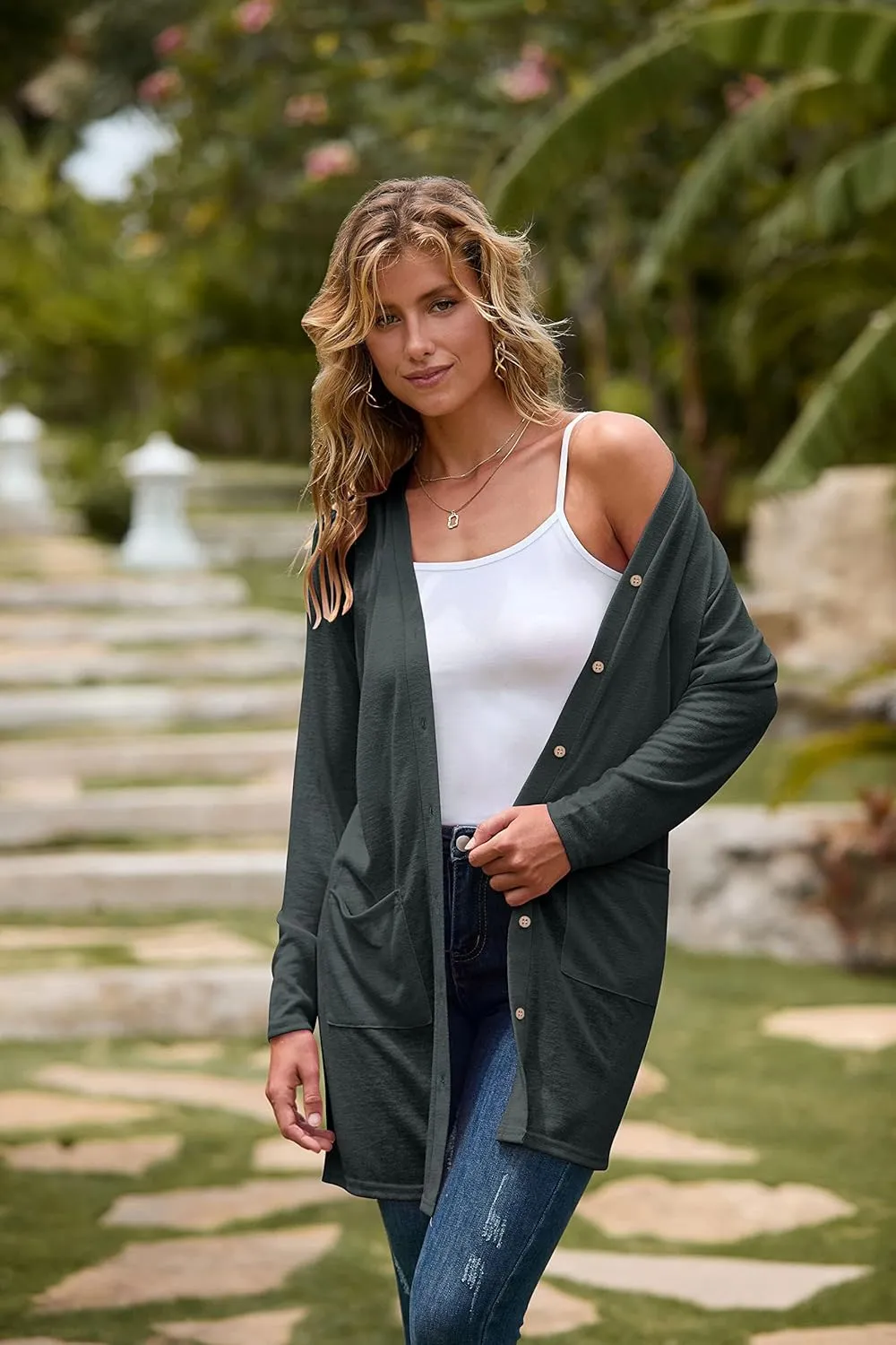 MEROKEETY Women's Open Front Lightweight Cardigan Long Sleeve Button Down Loose Outwear with Pockets