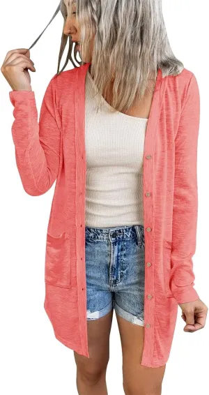 MEROKEETY Women's Open Front Lightweight Cardigan Long Sleeve Button Down Loose Outwear with Pockets