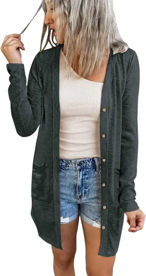 MEROKEETY Women's Open Front Lightweight Cardigan Long Sleeve Button Down Loose Outwear with Pockets