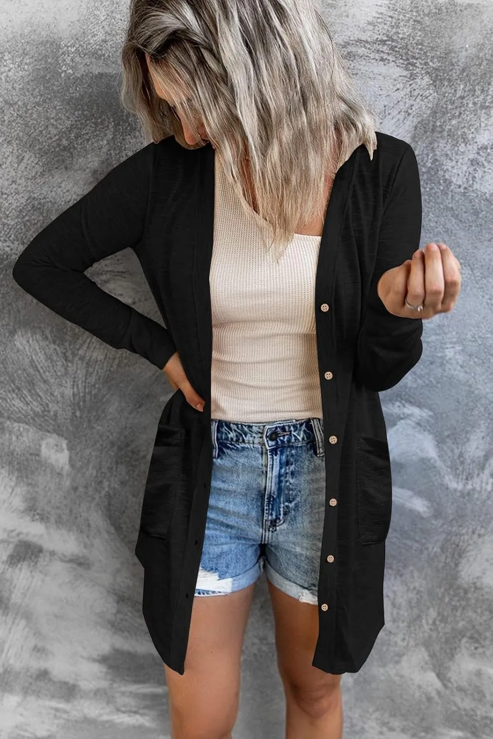 MEROKEETY Women's Open Front Lightweight Cardigan Long Sleeve Button Down Loose Outwear with Pockets