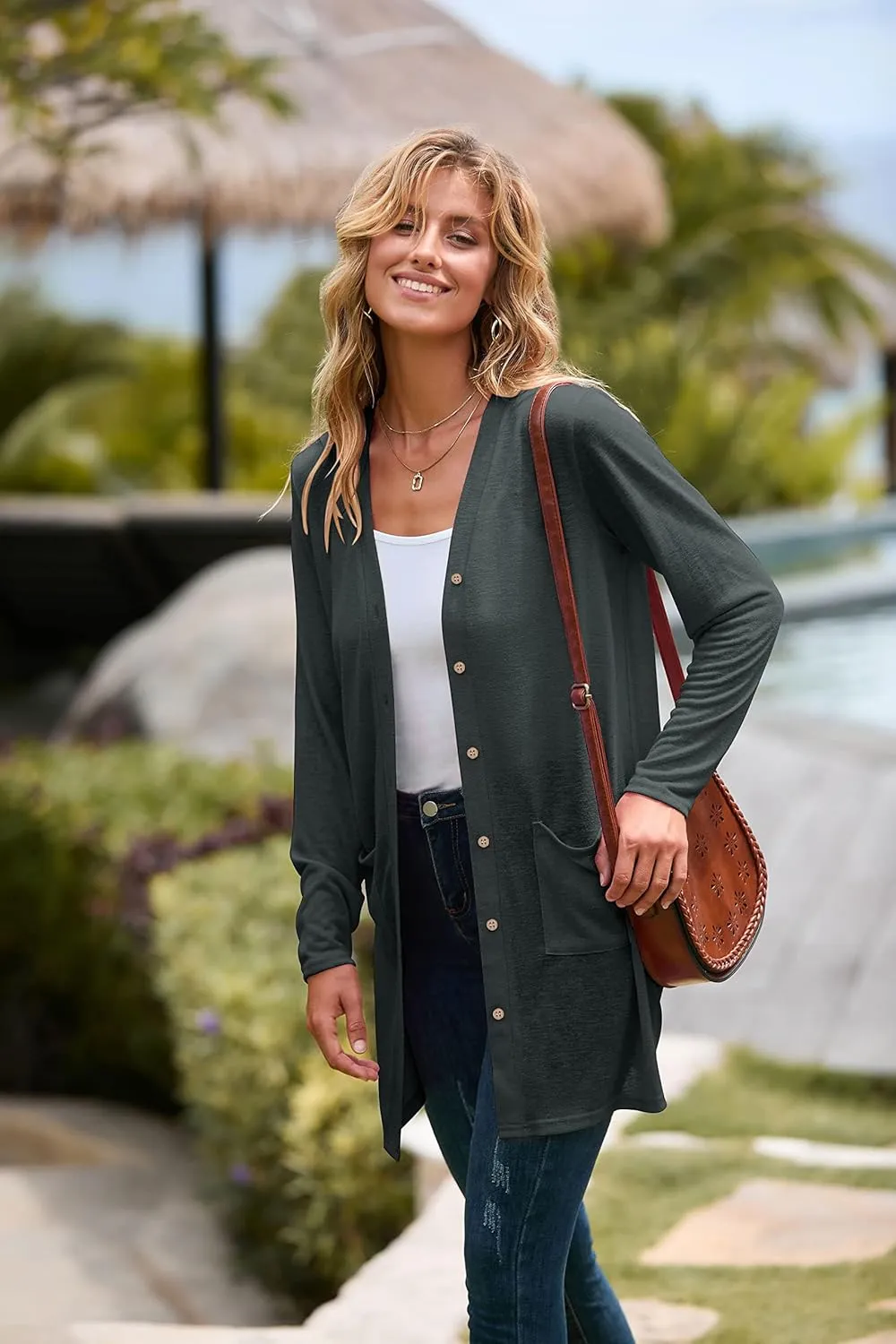 MEROKEETY Women's Open Front Lightweight Cardigan Long Sleeve Button Down Loose Outwear with Pockets