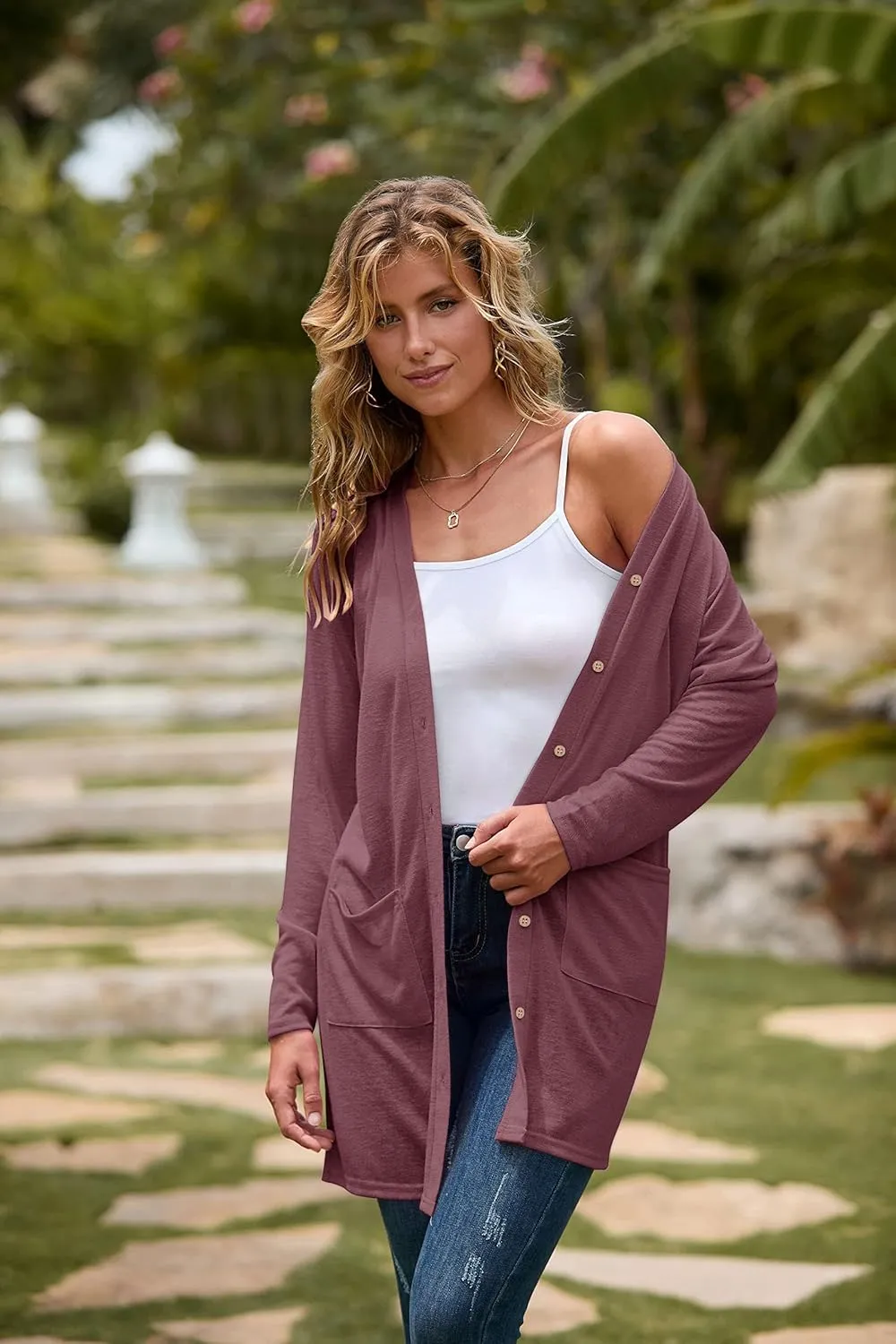 MEROKEETY Women's Open Front Lightweight Cardigan Long Sleeve Button Down Loose Outwear with Pockets