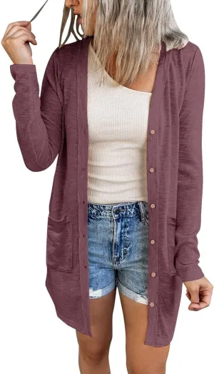 MEROKEETY Women's Open Front Lightweight Cardigan Long Sleeve Button Down Loose Outwear with Pockets