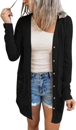 MEROKEETY Women's Open Front Lightweight Cardigan Long Sleeve Button Down Loose Outwear with Pockets