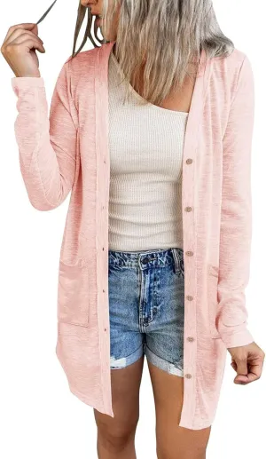 MEROKEETY Women's Open Front Lightweight Cardigan Long Sleeve Button Down Loose Outwear with Pockets