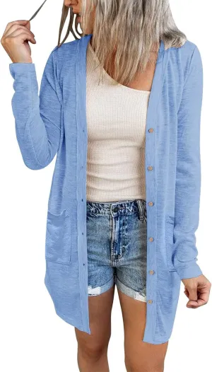 MEROKEETY Women's Open Front Lightweight Cardigan Long Sleeve Button Down Loose Outwear with Pockets
