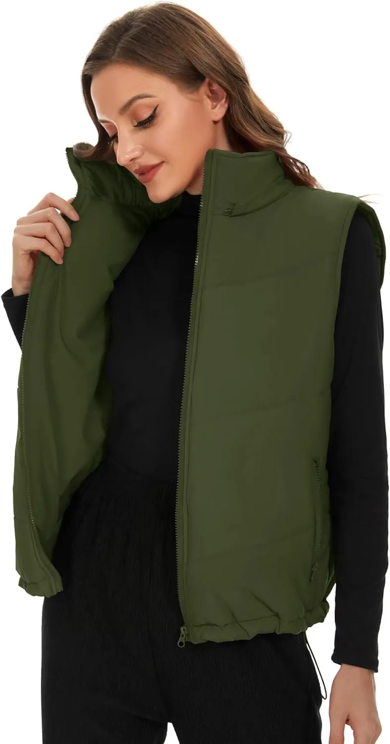 Micoson Puffer Vests for Women Winter Sleeveless Hooded Jacket Quilted Zip Up Stand Collar Gilet with Pocket Loose Fit