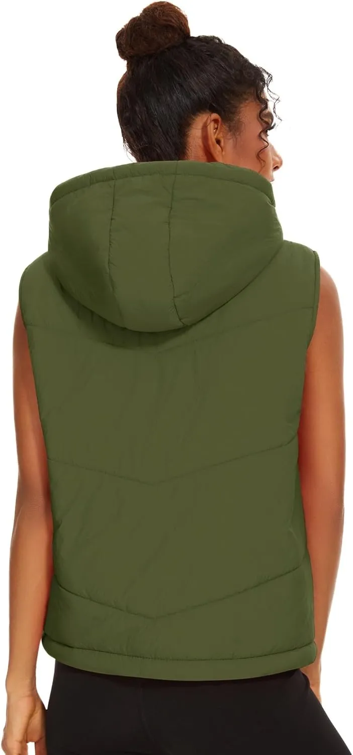Micoson Puffer Vests for Women Winter Sleeveless Hooded Jacket Quilted Zip Up Stand Collar Gilet with Pocket Loose Fit