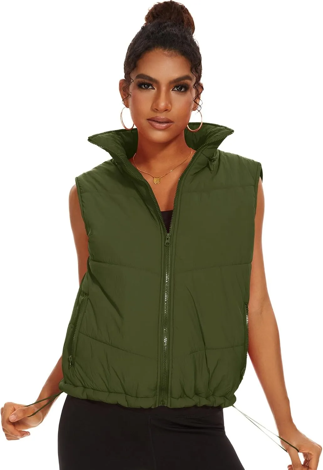 Micoson Puffer Vests for Women Winter Sleeveless Hooded Jacket Quilted Zip Up Stand Collar Gilet with Pocket Loose Fit