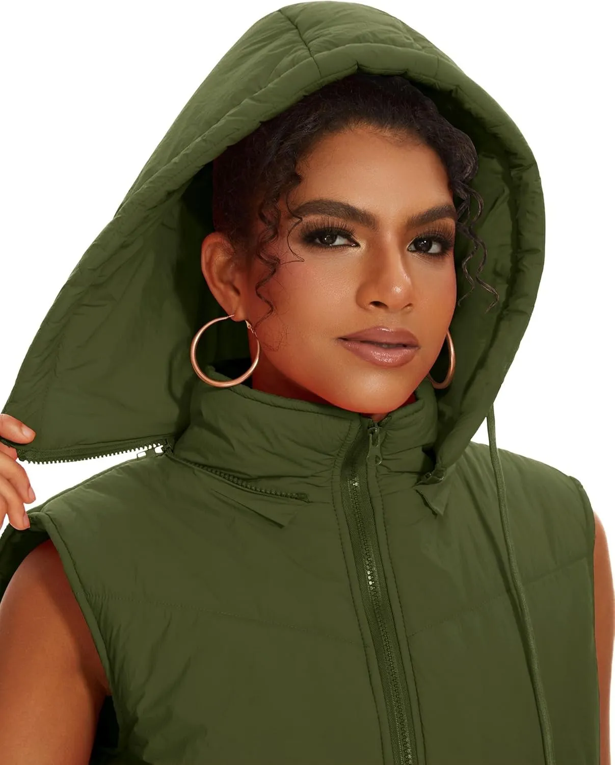 Micoson Puffer Vests for Women Winter Sleeveless Hooded Jacket Quilted Zip Up Stand Collar Gilet with Pocket Loose Fit