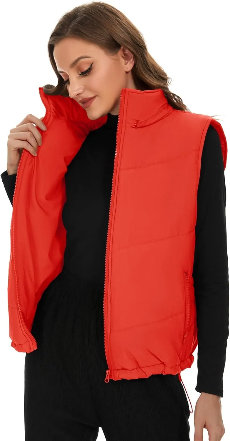 Micoson Puffer Vests for Women Winter Sleeveless Hooded Jacket Quilted Zip Up Stand Collar Gilet with Pocket Loose Fit