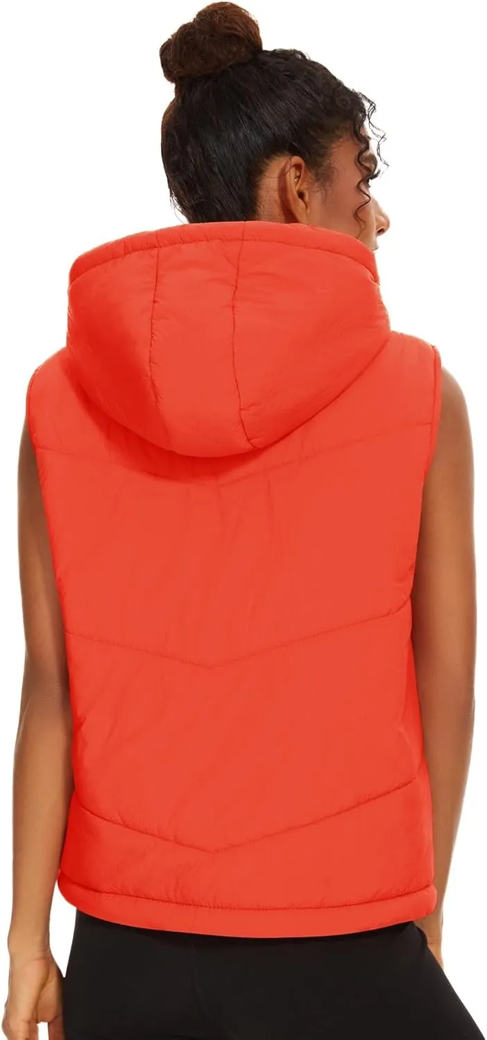 Micoson Puffer Vests for Women Winter Sleeveless Hooded Jacket Quilted Zip Up Stand Collar Gilet with Pocket Loose Fit