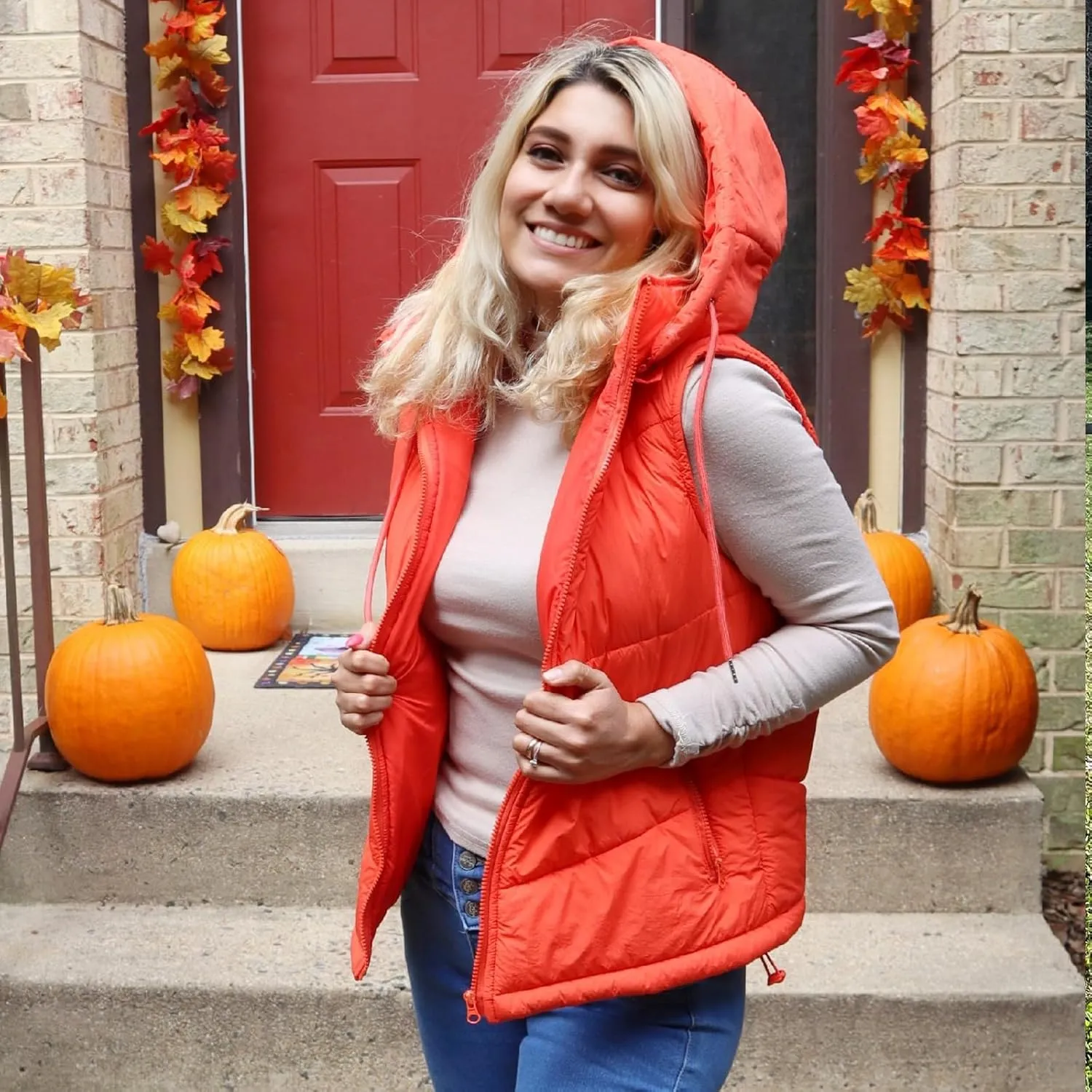 Micoson Puffer Vests for Women Winter Sleeveless Hooded Jacket Quilted Zip Up Stand Collar Gilet with Pocket Loose Fit