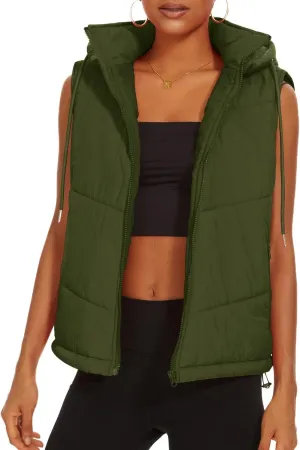 Micoson Puffer Vests for Women Winter Sleeveless Hooded Jacket Quilted Zip Up Stand Collar Gilet with Pocket Loose Fit