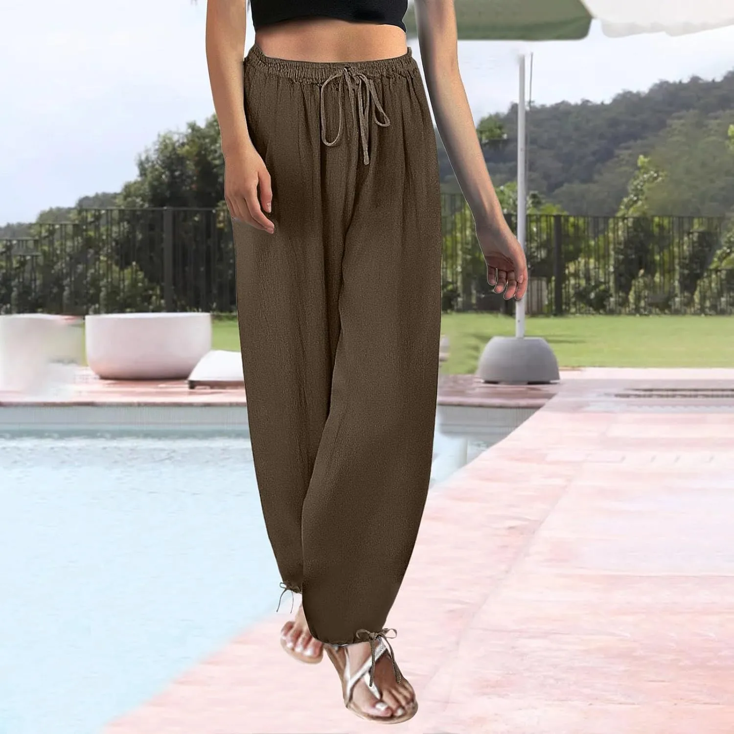 Miyaomn Women's Baggy Linen Joggers Summer Lightweight Drawstring Elasic Waist Beach Pants Loose Fit Casual Palazzo Trousers