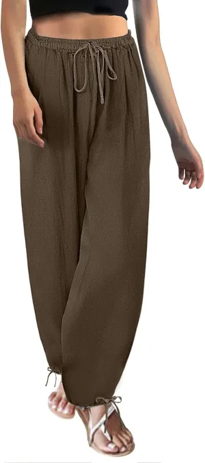 Miyaomn Women's Baggy Linen Joggers Summer Lightweight Drawstring Elasic Waist Beach Pants Loose Fit Casual Palazzo Trousers