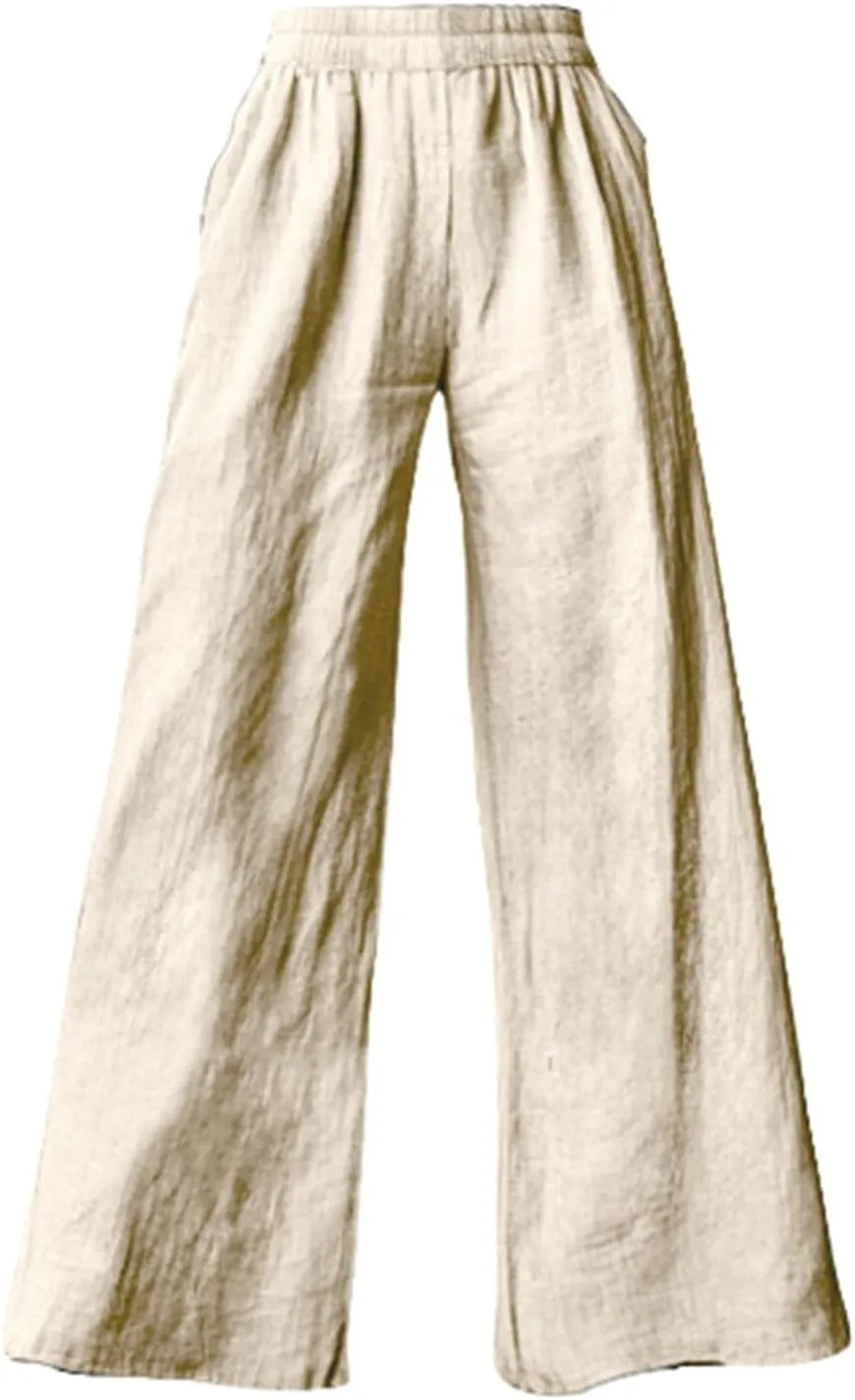Miyaomn Women's Wide Leg Linen Pants 2025 Summer Casual Elastic High Waisted Palazzo Pants Flowy Lounge Trousers with Pockets