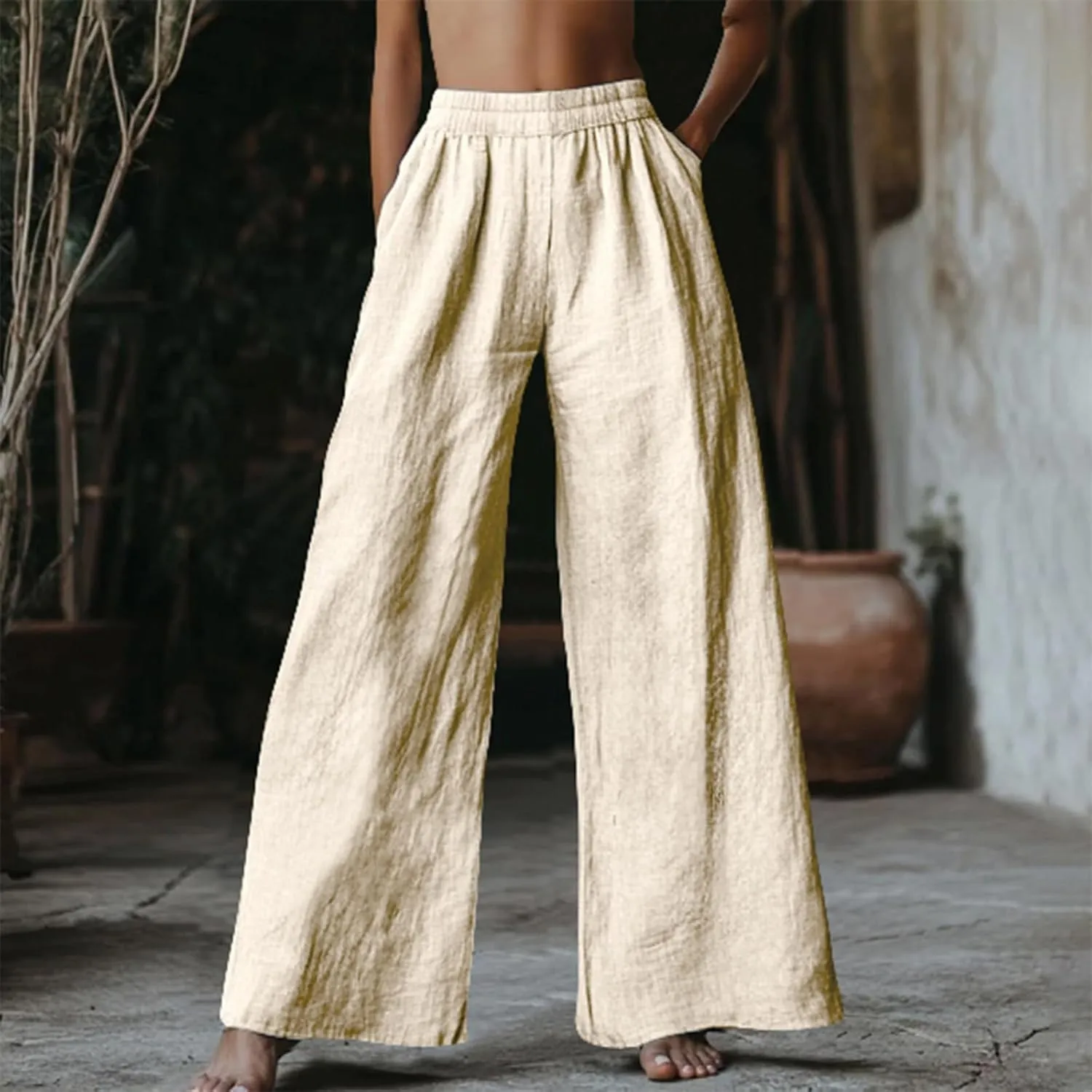 Miyaomn Women's Wide Leg Linen Pants 2025 Summer Casual Elastic High Waisted Palazzo Pants Flowy Lounge Trousers with Pockets