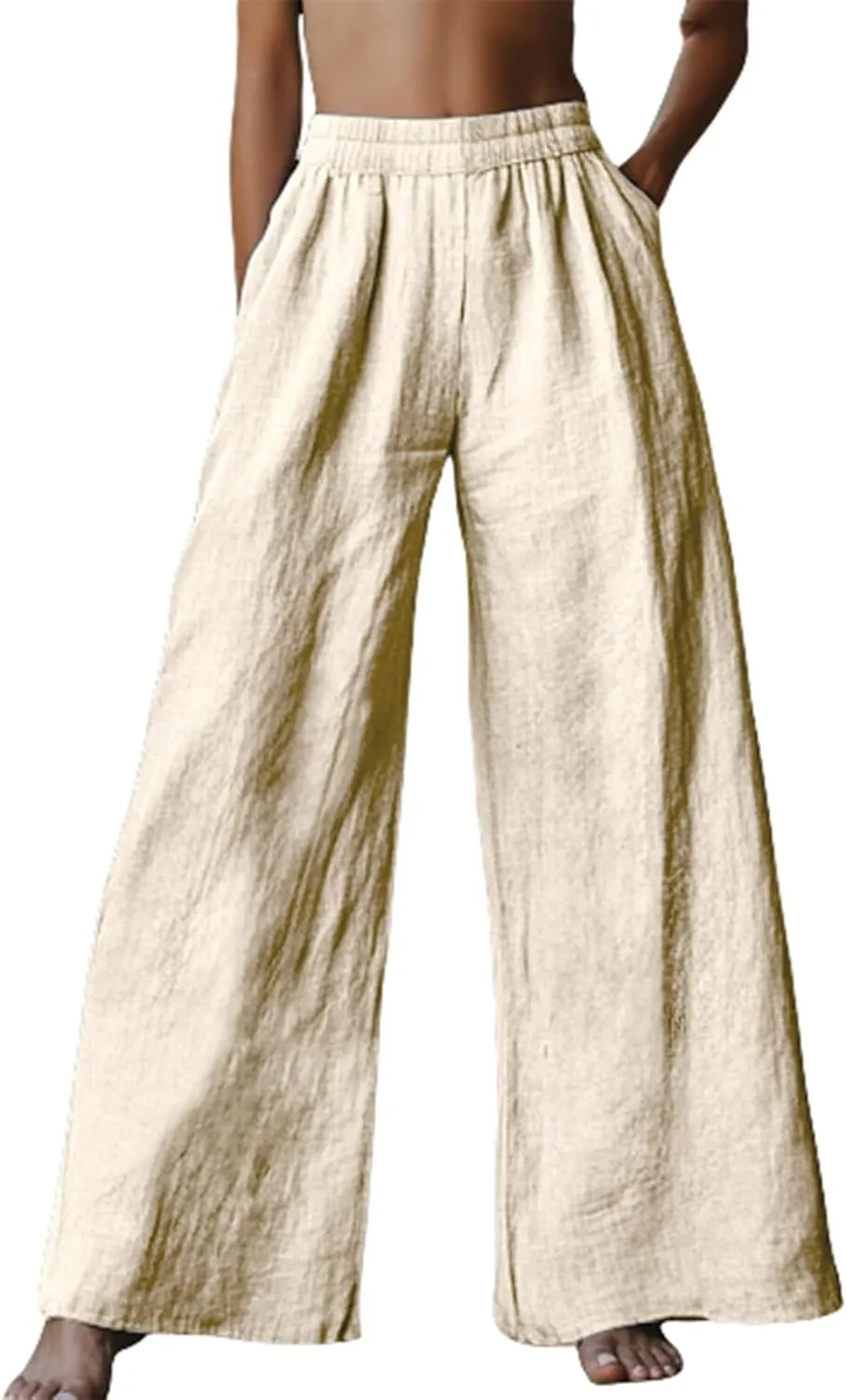 Miyaomn Women's Wide Leg Linen Pants 2025 Summer Casual Elastic High Waisted Palazzo Pants Flowy Lounge Trousers with Pockets