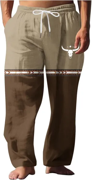 Muscularfit Linen Pant for Men Summer Casual Drawstring Elastic Waist Baggy Trouser with Pockets Ethnic Print Beach Sweatpant