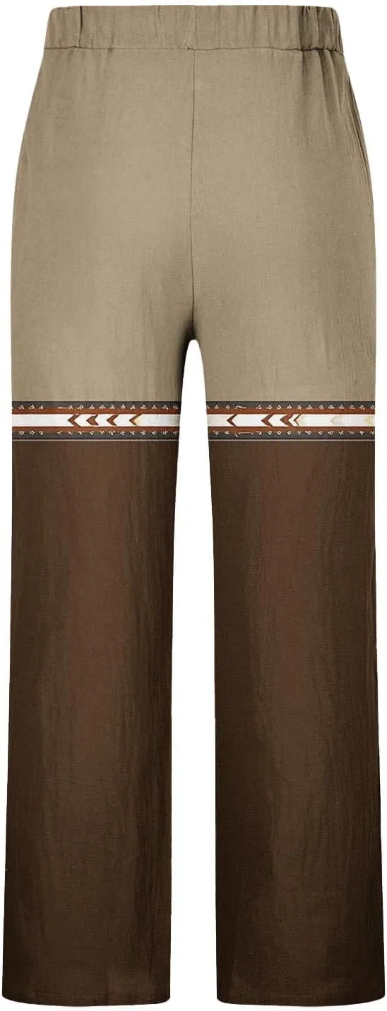 Muscularfit Linen Pant for Men Summer Casual Drawstring Elastic Waist Baggy Trouser with Pockets Ethnic Print Beach Sweatpant
