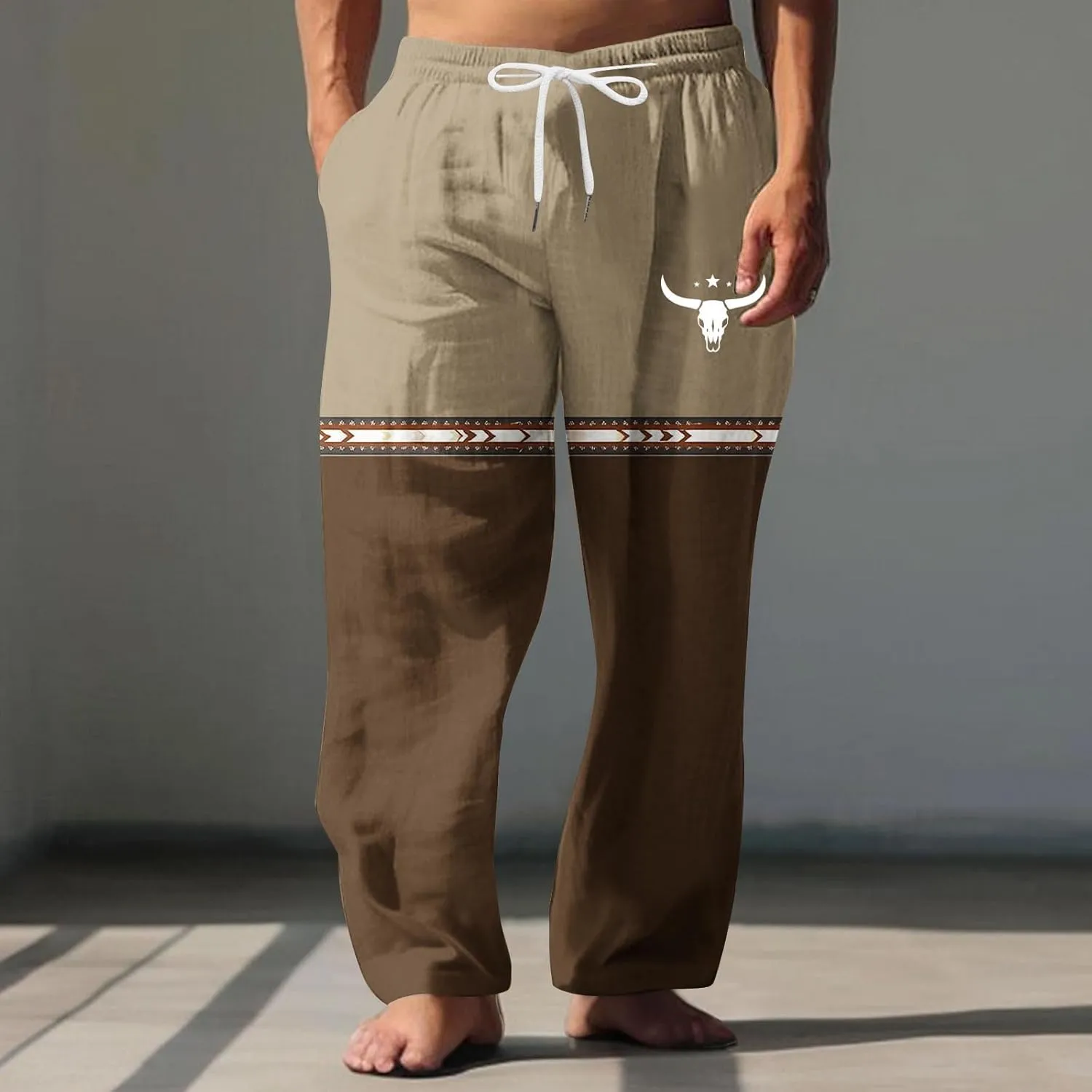 Muscularfit Linen Pant for Men Summer Casual Drawstring Elastic Waist Baggy Trouser with Pockets Ethnic Print Beach Sweatpant