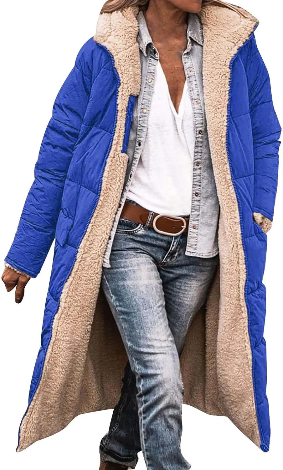 Muyise Womens Sherpa Fleece Coat Winter Warm Oversized Shearling Thicken Puffer Long Coats Jackets Outerwear with Pockets
