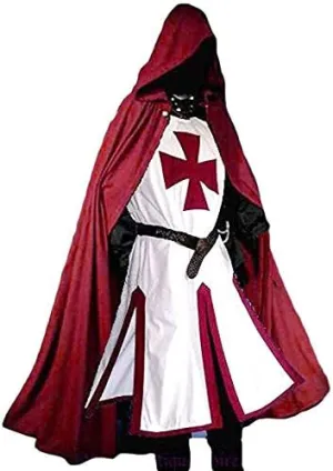 Nautical-Mart Men's Medieval Crusader Knights Templar Tunic Costumes Renaissance Halloween Warrior Black Plague Cloak Cosplay Top (Red, X-Large)