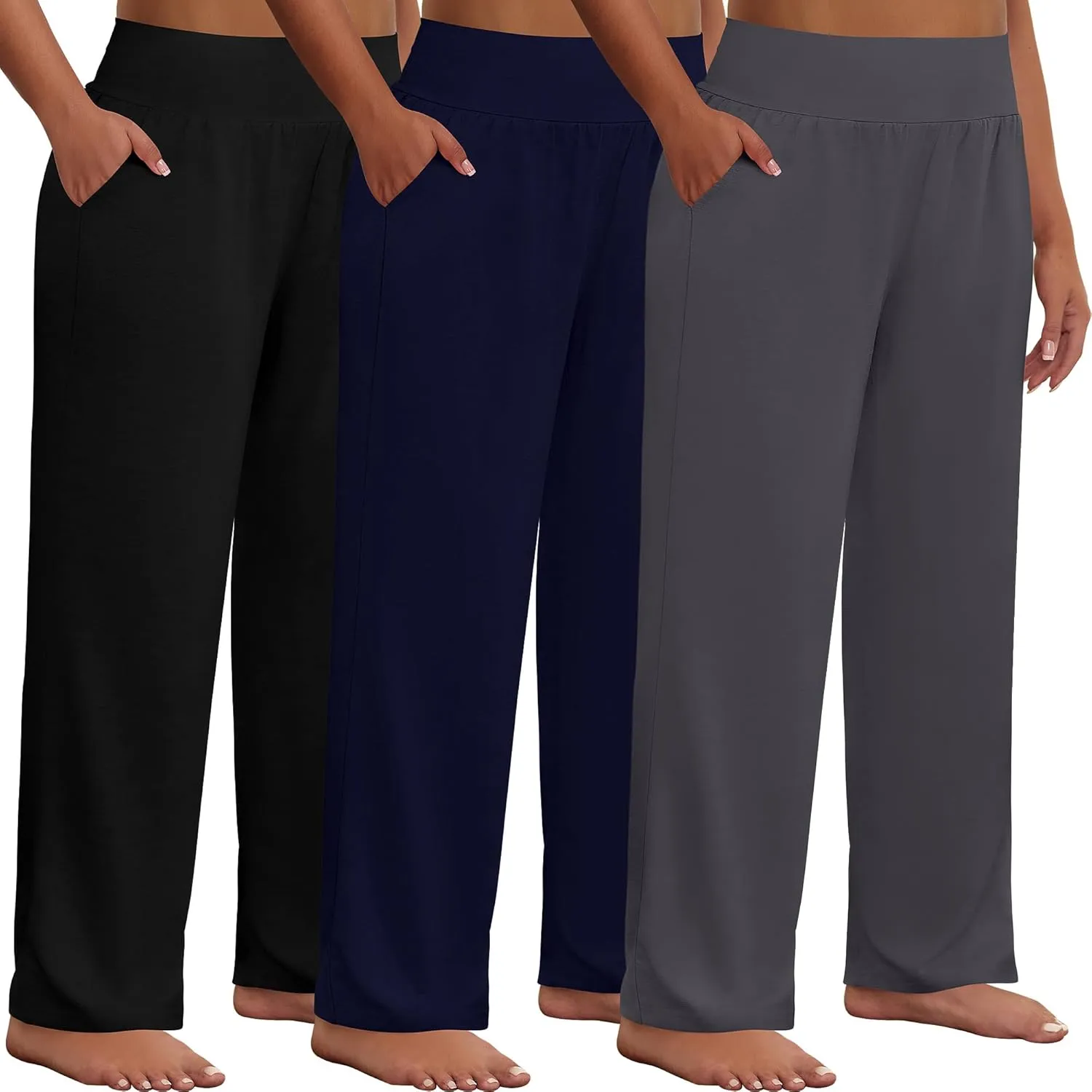 Neer 3 Pack Women Plus Size Wide Leg Yoga Pants High Waist Sweatpants Plus Size Palazzo Pants Lounge with Pockets(Black, Dark Grey, Navy Blue,5x-large)