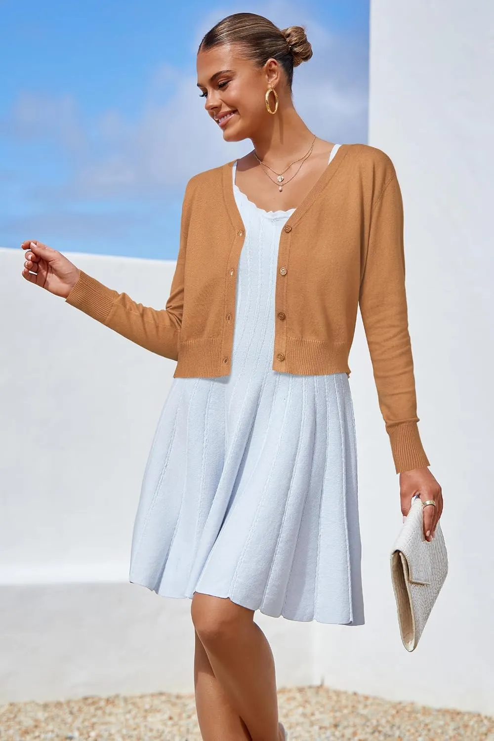 Newshows Womens 2025 Summer Cropped Cardigan Fashion Knit Bolero Shrug Long Sleeve V Neck Business Casual Sweater