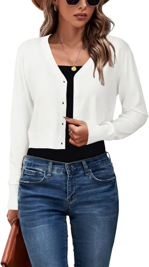 Newshows Womens 2025 Summer Cropped Cardigan Fashion Knit Bolero Shrug Long Sleeve V Neck Business Casual Sweater