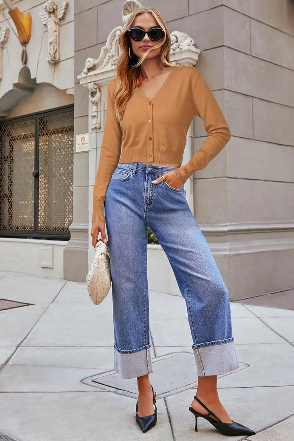 Newshows Womens 2025 Summer Cropped Cardigan Fashion Knit Bolero Shrug Long Sleeve V Neck Business Casual Sweater