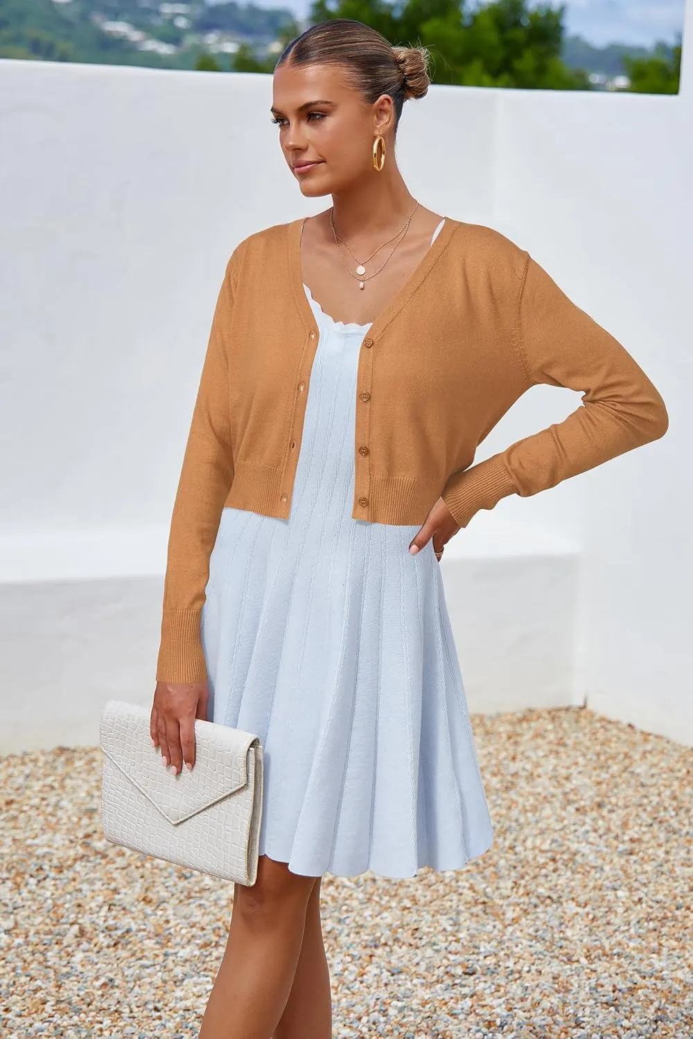 Newshows Womens 2025 Summer Cropped Cardigan Fashion Knit Bolero Shrug Long Sleeve V Neck Business Casual Sweater