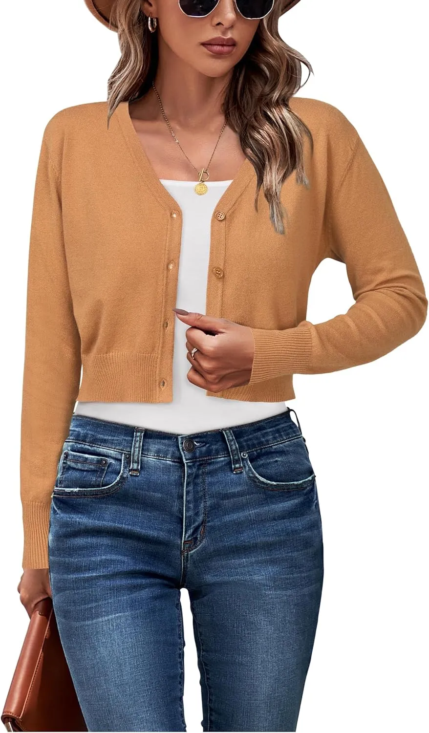 Newshows Womens 2025 Summer Cropped Cardigan Fashion Knit Bolero Shrug Long Sleeve V Neck Business Casual Sweater