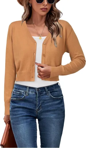 Newshows Womens 2025 Summer Cropped Cardigan Fashion Knit Bolero Shrug Long Sleeve V Neck Business Casual Sweater