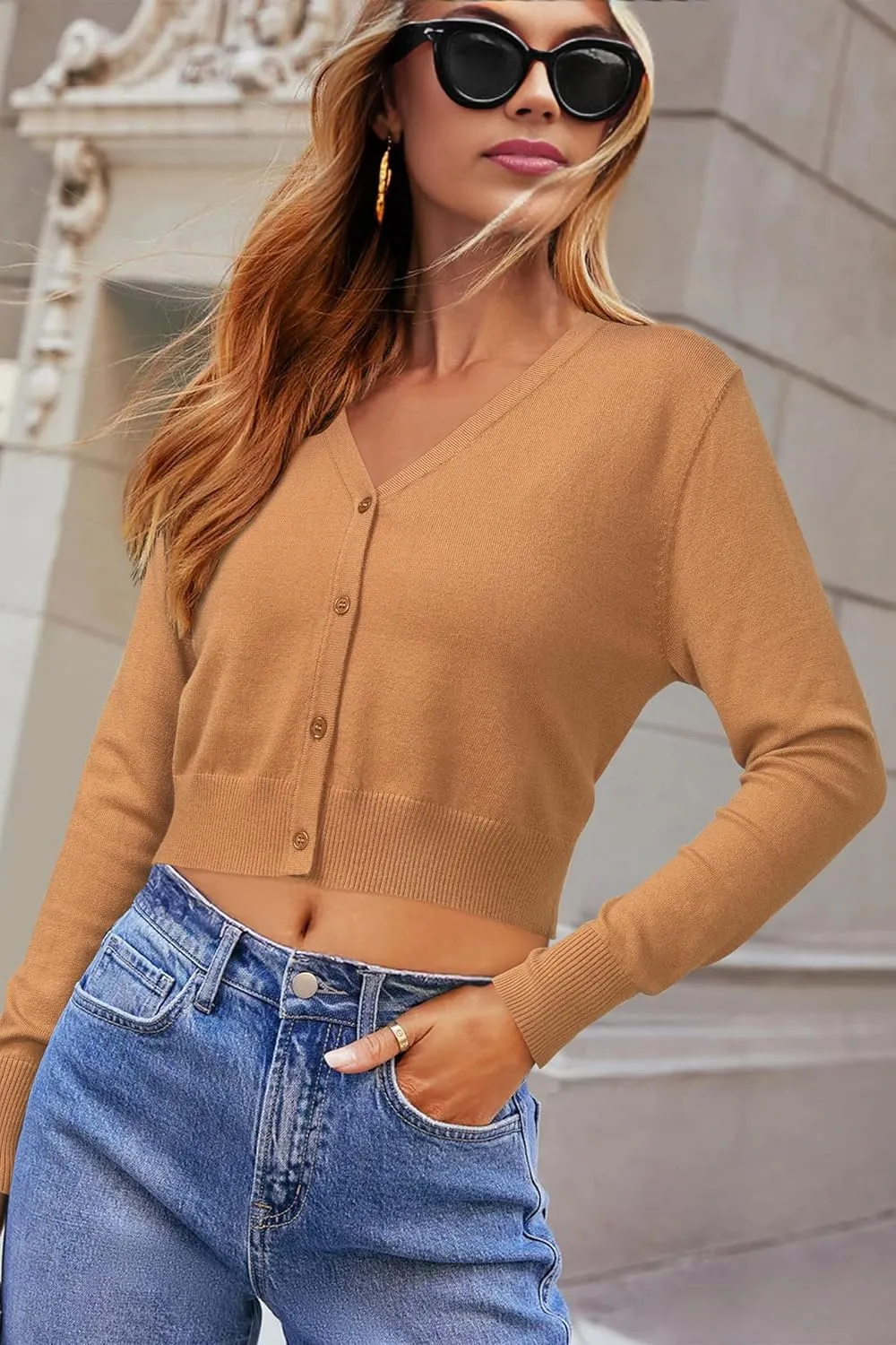 Newshows Womens 2025 Summer Cropped Cardigan Fashion Knit Bolero Shrug Long Sleeve V Neck Business Casual Sweater
