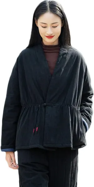 NFYM Women Winter Coats Linen Cotton Padded Clothes Chinese Hanfu Buttons V-neck Short Quilted Jacket Coat Outerwear