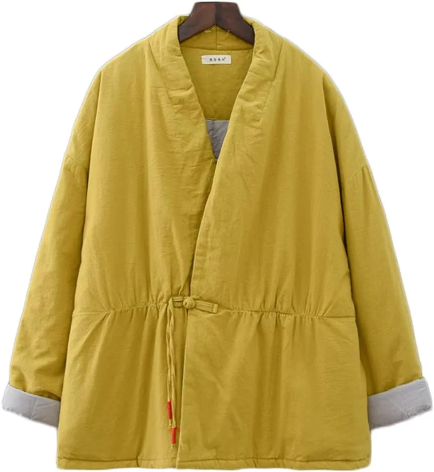 NFYM Women Winter Coats Linen Cotton Padded Clothes Chinese Hanfu Buttons V-neck Short Quilted Jacket Coat Outerwear
