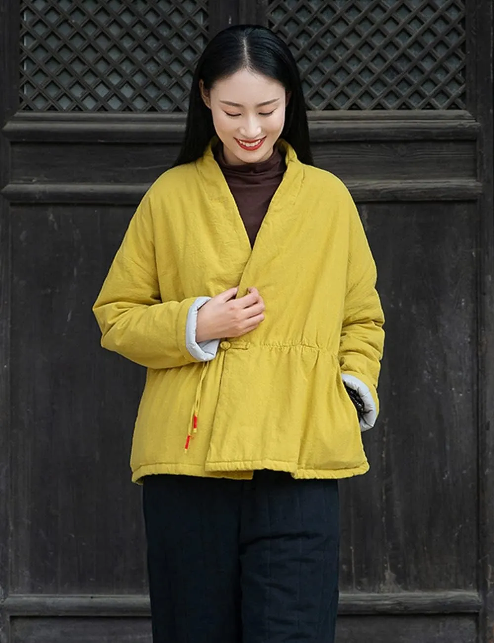 NFYM Women Winter Coats Linen Cotton Padded Clothes Chinese Hanfu Buttons V-neck Short Quilted Jacket Coat Outerwear